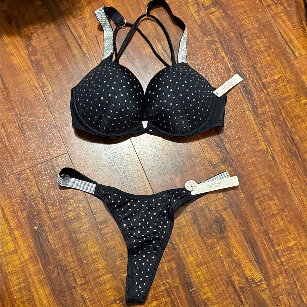 Victoria’s Secret Black Rhinestone Push-Up Bikini Top & Thong Bottoms
